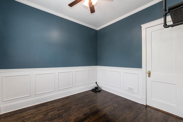 3029 N Haussen Ct, Chicago, IL 60618 - empty room featuring a ceiling fan, ornamental molding, dark wood finished floors, and wainscoting