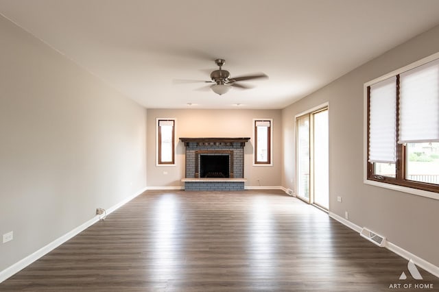 8226 Bob O Link Rd, Orland Park, IL 60462 - unfurnished living room with ceiling fan, dark wood-style floors, and a brick fireplace