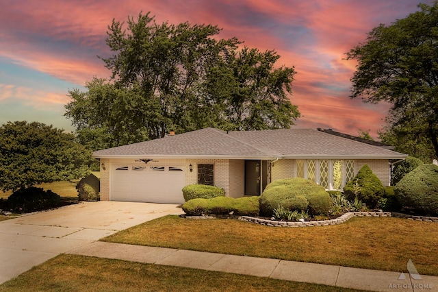 8226 Bob O Link Rd, Orland Park, IL 60462 - ranch-style home featuring brick siding, concrete driveway, a garage, a front lawn, and roof with shingles
