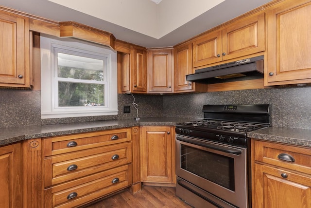 616 N Main St, Pontiac, IL 61764 - kitchen with stainless steel gas range oven, under cabinet range hood, dark countertops, and dark wood-style flooring