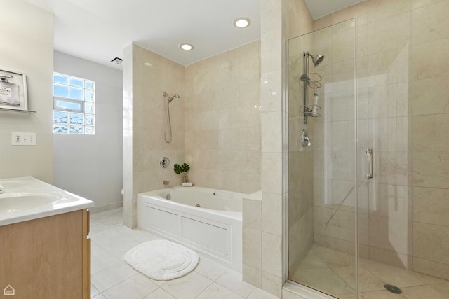 1708 W Chicago Ave Unit 3, Chicago, IL 60622 - bathroom with a stall shower, a bathtub, tile patterned flooring, double vanity, and recessed lighting