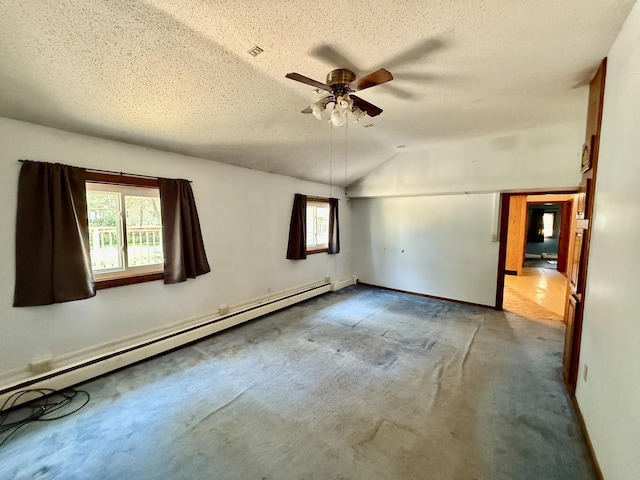 214 S Rising Rd, Champaign, IL 61822 - carpeted spare room with baseboard heating, a textured ceiling, a ceiling fan, and lofted ceiling