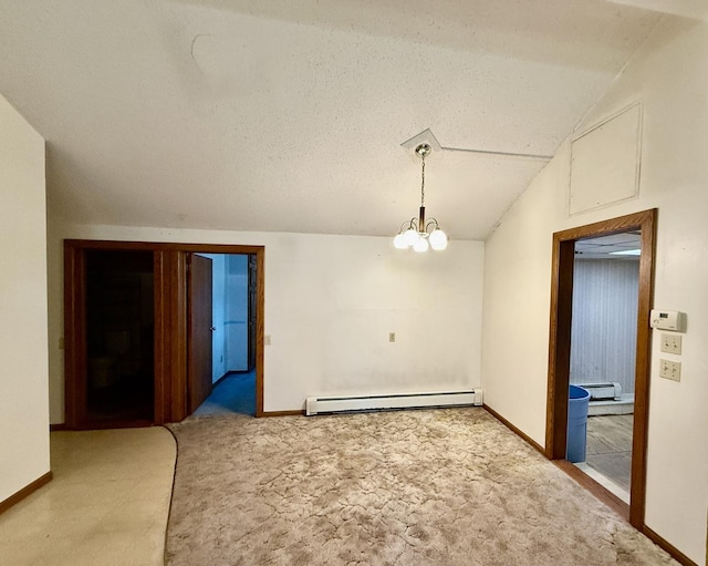 214 S Rising Rd, Champaign, IL 61822 - unfurnished room with a baseboard radiator, light carpet, vaulted ceiling, a chandelier, and a textured ceiling