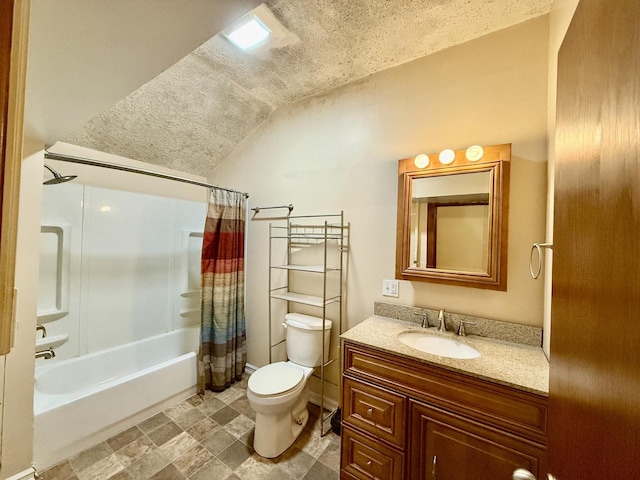 214 S Rising Rd, Champaign, IL 61822 - full bathroom with shower / bath combination with curtain, vanity, lofted ceiling, and a textured ceiling