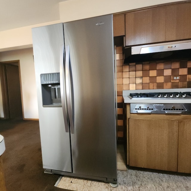 5549 W 83rd Pl, Burbank, IL 60459 - kitchen featuring stainless steel appliances, ventilation hood, tasteful backsplash, light colored carpet, and brown cabinetry