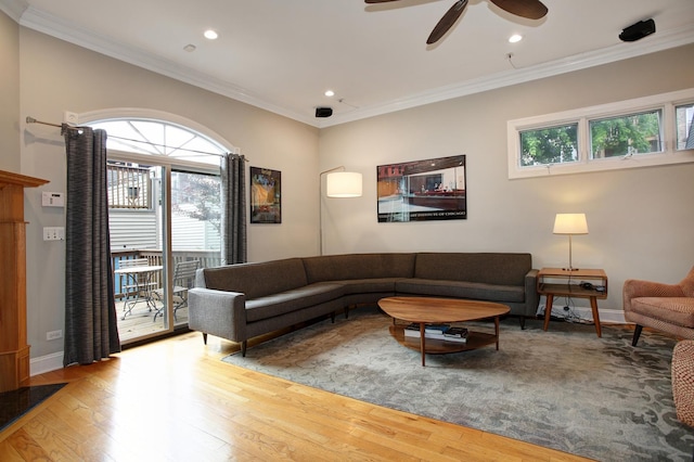 1915 N Albany Ave, Chicago, IL 60647 - living room with wood finished floors, ornamental molding, recessed lighting, and a ceiling fan