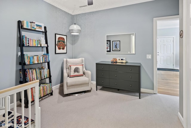 2107 W Belmont Ave Unit 2C, Chicago, IL 60618 - living area featuring a ceiling fan, carpet floors, and crown molding