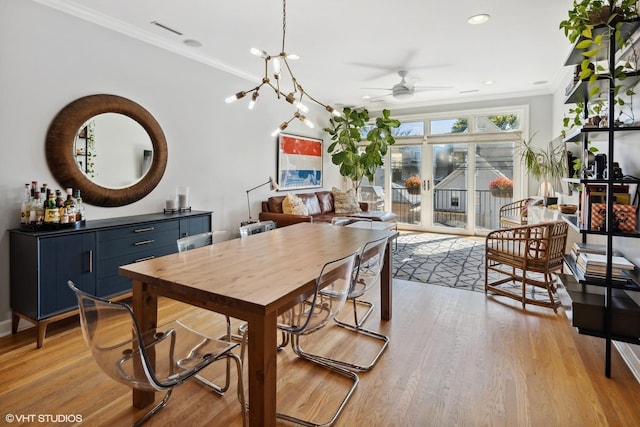 2107 W Belmont Ave Unit 2C, Chicago, IL 60618 - dining space with ceiling fan, light wood-type flooring, crown molding, and recessed lighting