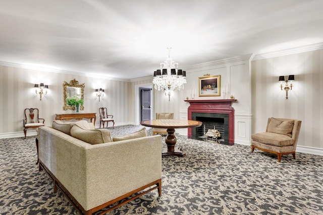 3750 N Lake Shore Dr Unit 16H, Chicago, IL 60613 - living room with carpet, a chandelier, ornamental molding, and a fireplace with flush hearth