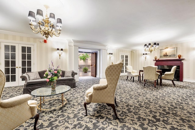 3750 N Lake Shore Dr Unit 16H, Chicago, IL 60613 - living area featuring a chandelier, ornamental molding, french doors, and carpet