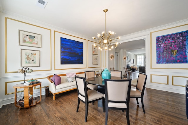 3750 N Lake Shore Dr Unit 16H, Chicago, IL 60613 - dining space with a decorative wall, ornamental molding, a chandelier, and dark wood-style floors