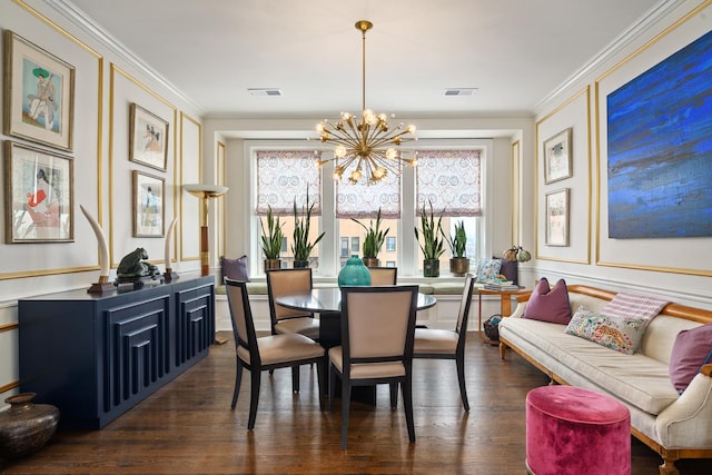 3750 N Lake Shore Dr Unit 16H, Chicago, IL 60613 - dining area with a chandelier, dark wood-type flooring, crown molding, and a decorative wall