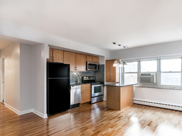 4960 N Marine Dr Unit 616, Chicago, IL 60640 - kitchen featuring appliances with stainless steel finishes, a baseboard heating unit, dark countertops, cooling unit, and tasteful backsplash