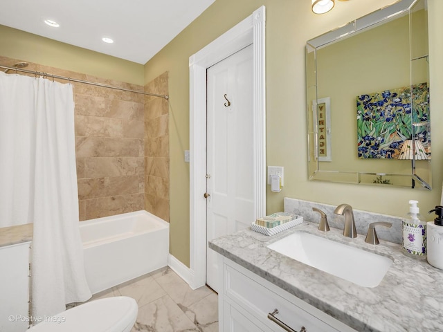 442 Du Page St, Elgin, IL 60120 - bathroom featuring vanity, shower / bath combo, marble look tiles, and recessed lighting