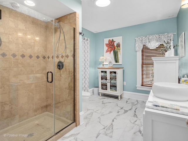 442 Du Page St, Elgin, IL 60120 - bathroom featuring a stall shower, vanity, and marble look tiles
