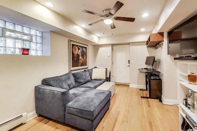 3117 N Orchard St Unit Ge, Chicago, IL 60657 - living room featuring a baseboard radiator, a ceiling fan, light wood-style flooring, and recessed lighting