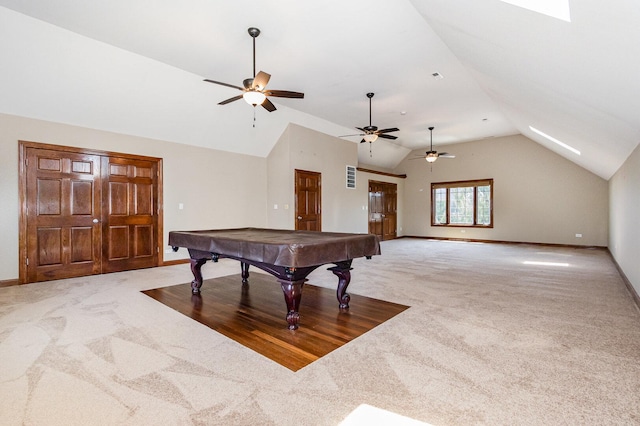 8741 W Blackthorne Way, Frankfort, IL 60423 - playroom featuring carpet floors, vaulted ceiling, billiards, and a ceiling fan