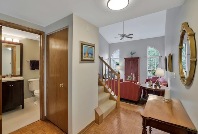 874 Dandridge Ct, Elgin, IL 60120 - foyer entrance featuring stairway, a ceiling fan, and vaulted ceiling