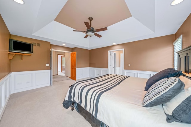 772 Wild Ginger Rd, Sugar Grove, IL 60554 - carpeted bedroom featuring a raised ceiling, a decorative wall, wainscoting, ceiling fan, and recessed lighting