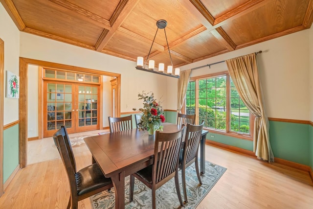 772 Wild Ginger Rd, Sugar Grove, IL 60554 - dining area with wooden ceiling, french doors, coffered ceiling, and light wood finished floors