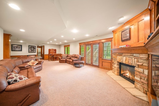 772 Wild Ginger Rd, Sugar Grove, IL 60554 - living area featuring carpet floors, recessed lighting, a fireplace, and wainscoting
