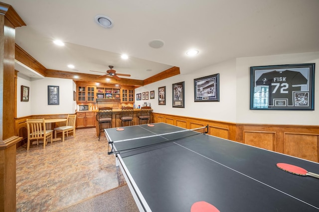 772 Wild Ginger Rd, Sugar Grove, IL 60554 - rec room with ceiling fan, recessed lighting, wainscoting, a decorative wall, and a raised ceiling