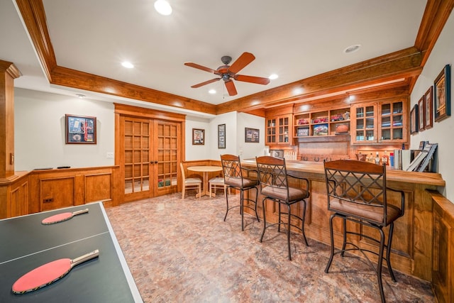 772 Wild Ginger Rd, Sugar Grove, IL 60554 - bar with ceiling fan, a wainscoted wall, ornamental molding, and recessed lighting
