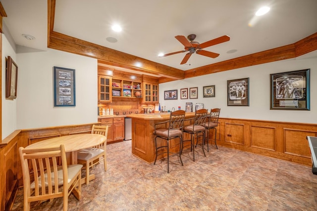 772 Wild Ginger Rd, Sugar Grove, IL 60554 - indoor bar featuring ceiling fan, wainscoting, recessed lighting, and a decorative wall