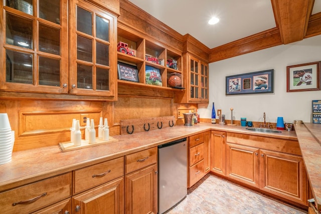 772 Wild Ginger Rd, Sugar Grove, IL 60554 - kitchen with fridge, light countertops, brown cabinets, and crown molding