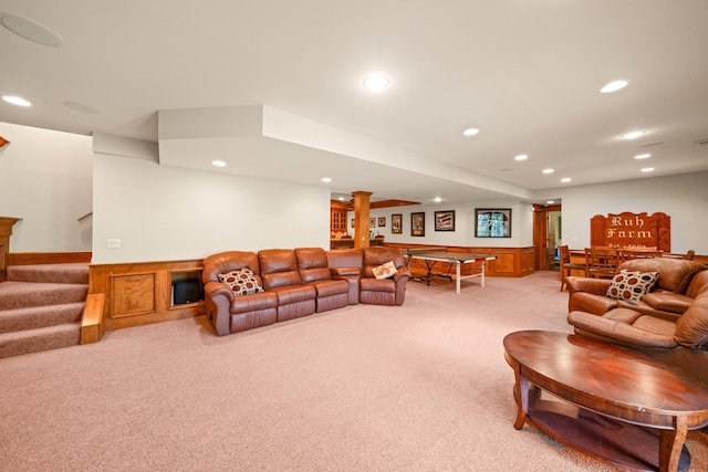772 Wild Ginger Rd, Sugar Grove, IL 60554 - living room featuring light colored carpet, recessed lighting, ornate columns, stairway, and a wainscoted wall