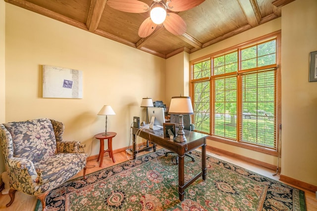 772 Wild Ginger Rd, Sugar Grove, IL 60554 - office space featuring a wood ceiling with exposed beams, wood finished floors, a ceiling fan, coffered ceiling, and ornamental molding