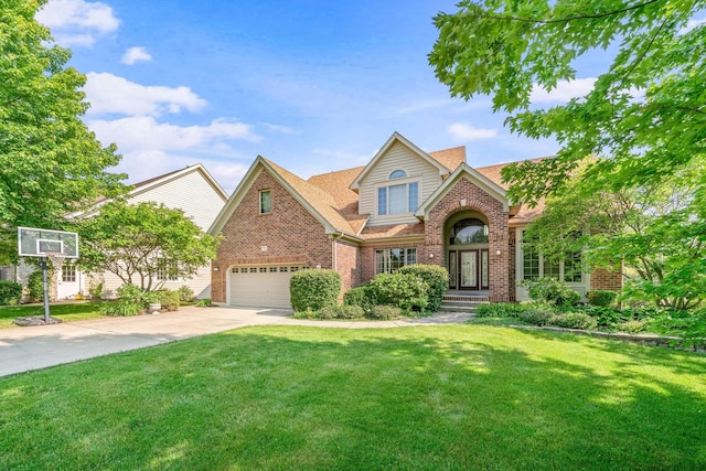 772 Wild Ginger Rd, Sugar Grove, IL 60554 - traditional-style home with brick siding, concrete driveway, a front lawn, and a shingled roof