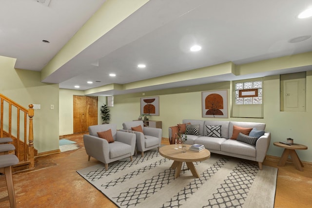 4317 N Kenneth Ave, Chicago, IL 60641 - living room featuring electric panel, recessed lighting, finished concrete floors, and stairs