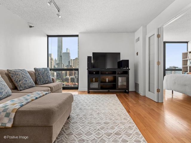 1122 N Clark St Unit 2609, Chicago, IL 60610 - living area featuring wood finished floors, plenty of natural light, a wall of windows, a textured ceiling, and rail lighting