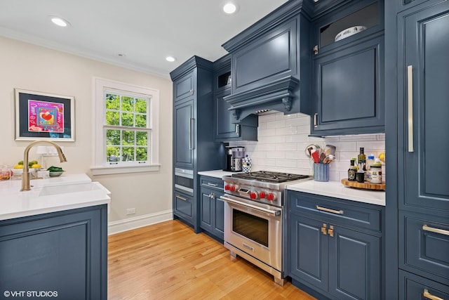 641 Highview Ter, Lake Forest, IL 60045 - kitchen with premium stove, blue cabinets, tasteful backsplash, ornamental molding, and light countertops