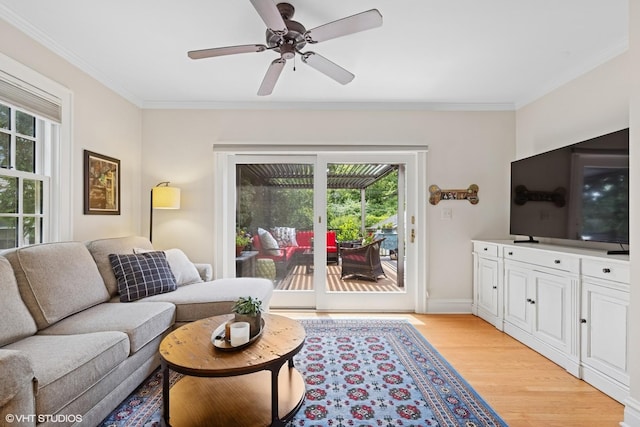 641 Highview Ter, Lake Forest, IL 60045 - living area featuring plenty of natural light, ornamental molding, light wood finished floors, and a ceiling fan