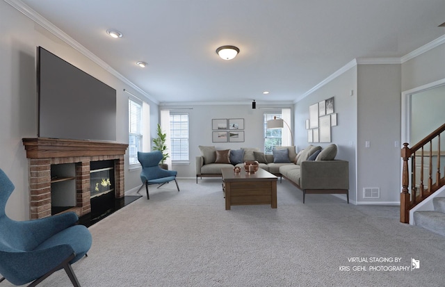 1312 Mulberry Ln, Cary, IL 60013 - living room with carpet flooring, stairs, ornamental molding, and recessed lighting