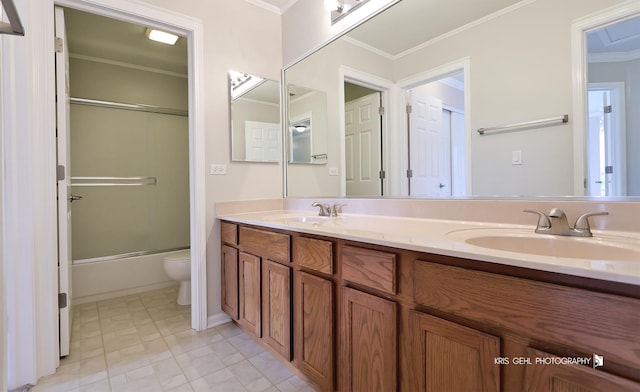 1312 Mulberry Ln, Cary, IL 60013 - full bathroom with double vanity, ornamental molding, and bath / shower combo with glass door