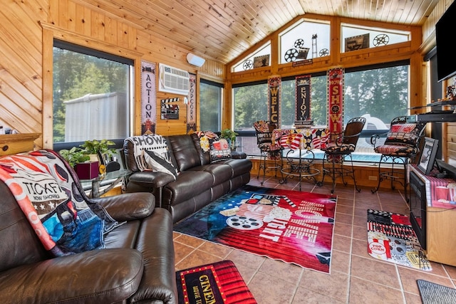 1934 Philip Dr, Dixon, IL 61021 - sunroom / solarium with tile patterned flooring, lofted ceiling, wood walls, and a wall mounted AC