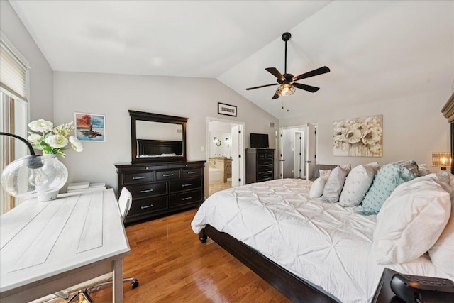 237 Carlisle Ave, Westmont, IL 60559 - bedroom with light wood-style floors, vaulted ceiling, connected bathroom, and ceiling fan