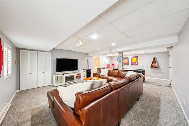 237 Carlisle Ave, Westmont, IL 60559 - carpeted living room with a drop ceiling, a baseboard heating unit, and recessed lighting