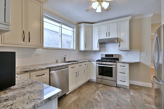 7851 W Cressett Dr, Elmwood Park, IL 60707 - kitchen with appliances with stainless steel finishes, under cabinet range hood, crown molding, decorative backsplash, and a ceiling fan