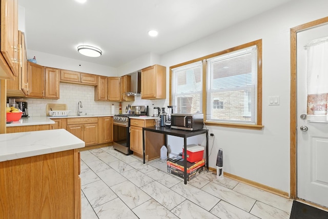 8803 N Grand St, Niles, IL 60714 - kitchen featuring appliances with stainless steel finishes, wall chimney exhaust hood, light marble finish floors, decorative backsplash, and recessed lighting