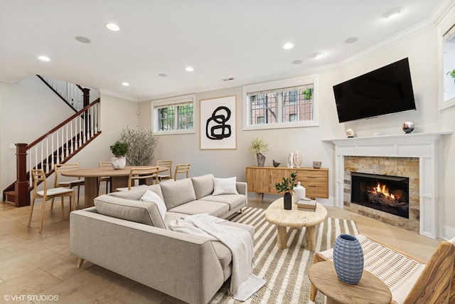 1949 W Nelson St Unit 1E, Chicago, IL 60657 - living room featuring ornamental molding, recessed lighting, stairway, a lit fireplace, and light tile patterned floors