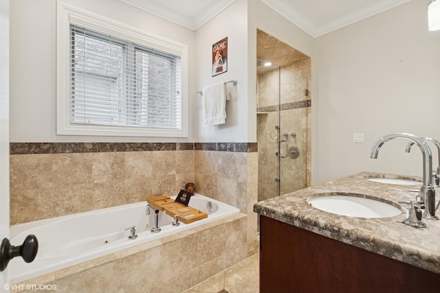 1949 W Nelson St Unit 1E, Chicago, IL 60657 - bathroom featuring a jetted tub, a shower stall, double vanity, and crown molding