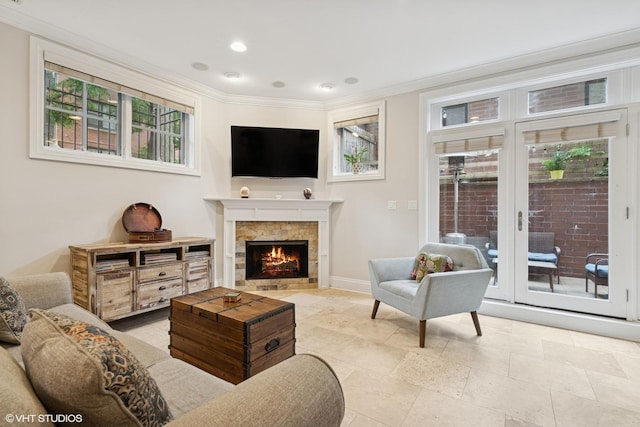 1949 W Nelson St Unit 1E, Chicago, IL 60657 - living area with a fireplace with flush hearth, ornamental molding, and recessed lighting
