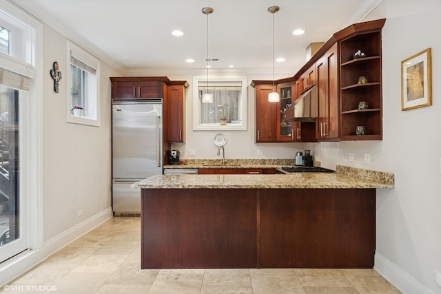 1949 W Nelson St Unit 1E, Chicago, IL 60657 - kitchen with appliances with stainless steel finishes, extractor fan, a peninsula, open shelves, and light stone counters
