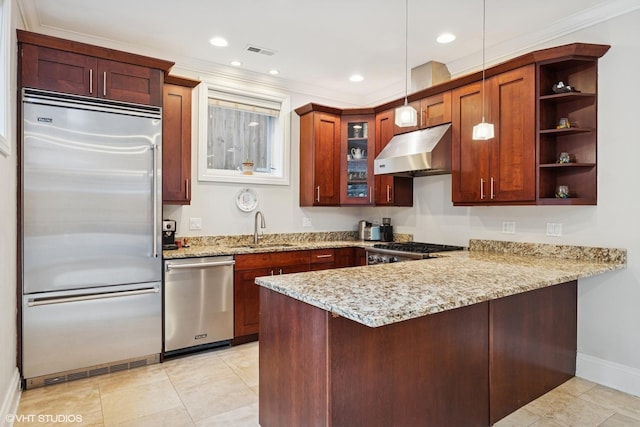 1949 W Nelson St Unit 1E, Chicago, IL 60657 - kitchen with appliances with stainless steel finishes, under cabinet range hood, a peninsula, open shelves, and light stone counters