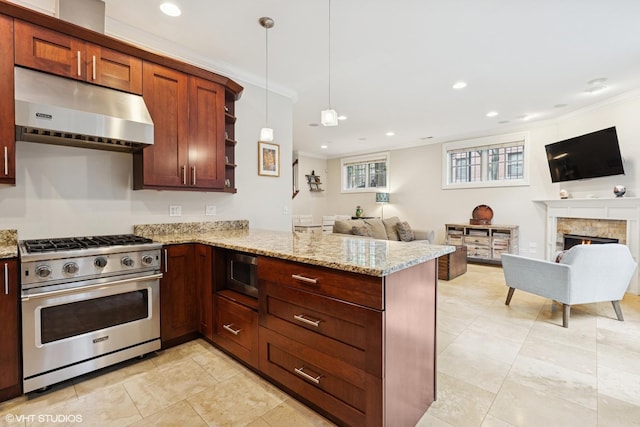 1949 W Nelson St Unit 1E, Chicago, IL 60657 - kitchen with high end stainless steel range, extractor fan, open floor plan, a peninsula, and ornamental molding
