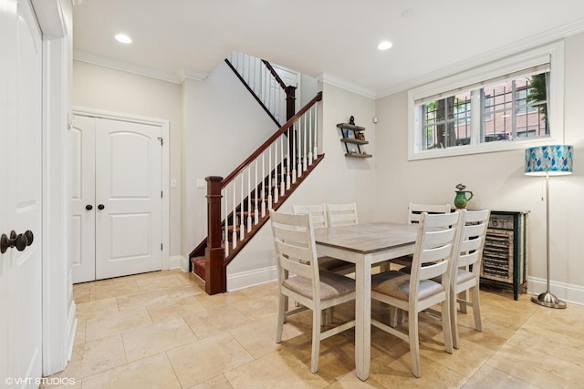 1949 W Nelson St Unit 1E, Chicago, IL 60657 - dining space with ornamental molding, stairs, and recessed lighting